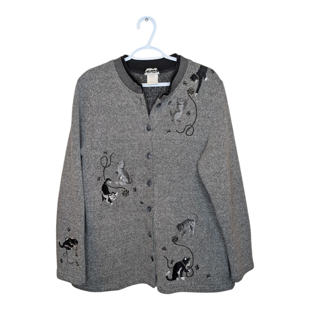 Vintage Bon Worth Woman Large Grandma Cat Embroidered Button Down Cardigan Grey